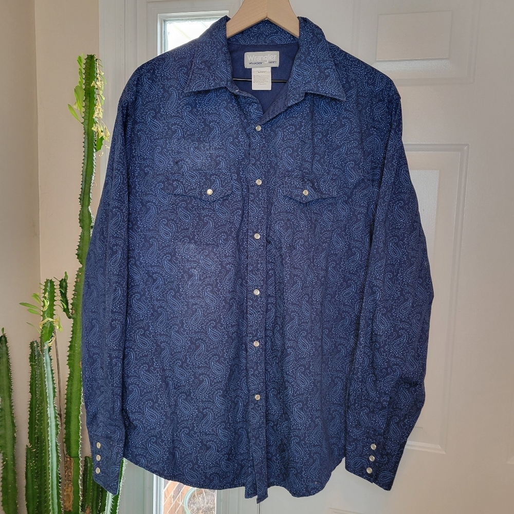 Wrangler Wrancher Pearl Snap Western Cowboy Blue Dress Shirt, Size Mens XL